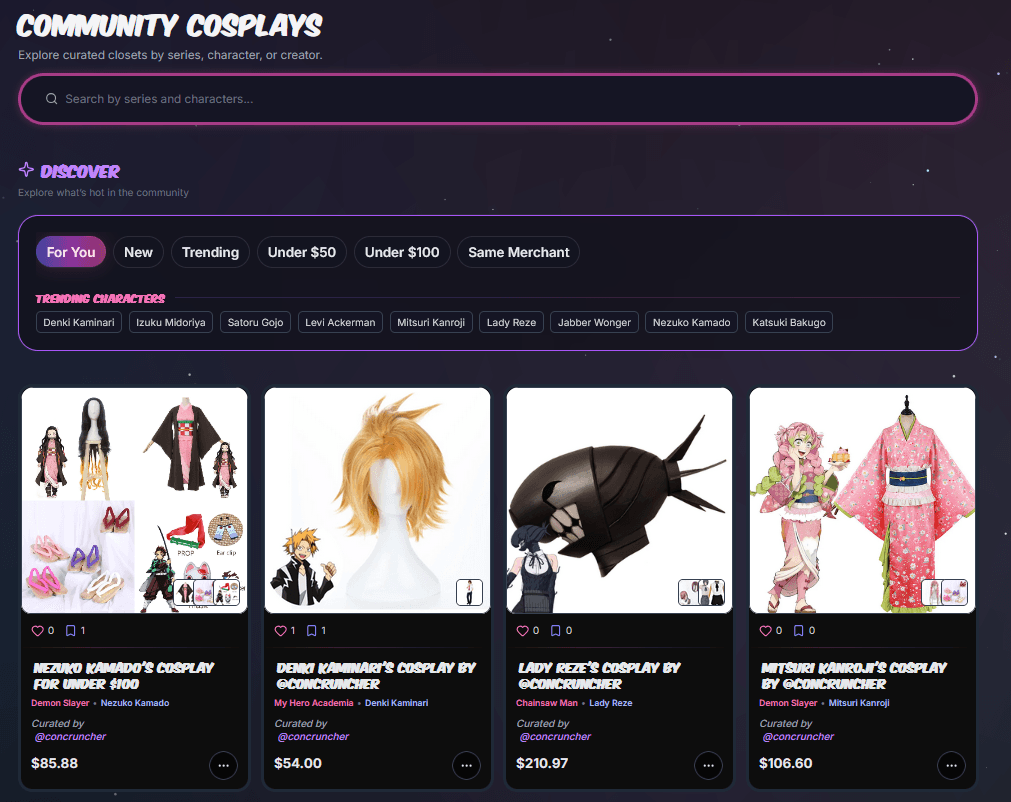 Con-Cruncher community page showing published cosplay builds