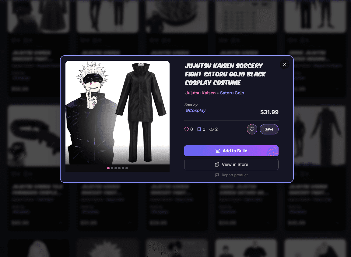 Con-Cruncher find cosplay page showing search results and filters
