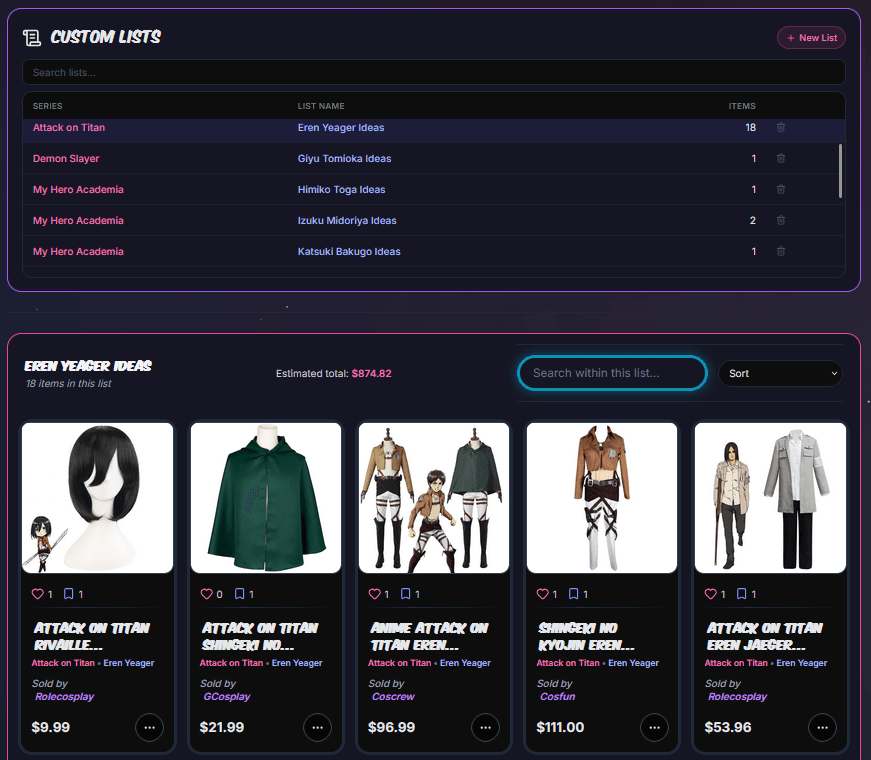 Con-Cruncher saved lists showing products and cosplay builds together